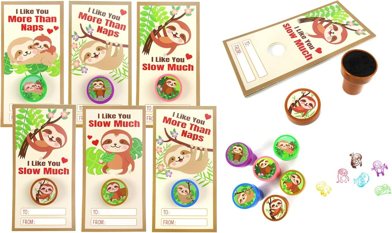 Tiny Mills 36 PACK Sloths Valentine's Day Cards with Stampers for Valentine's Day Classroom Exchange Birthday Party Favor Prizes